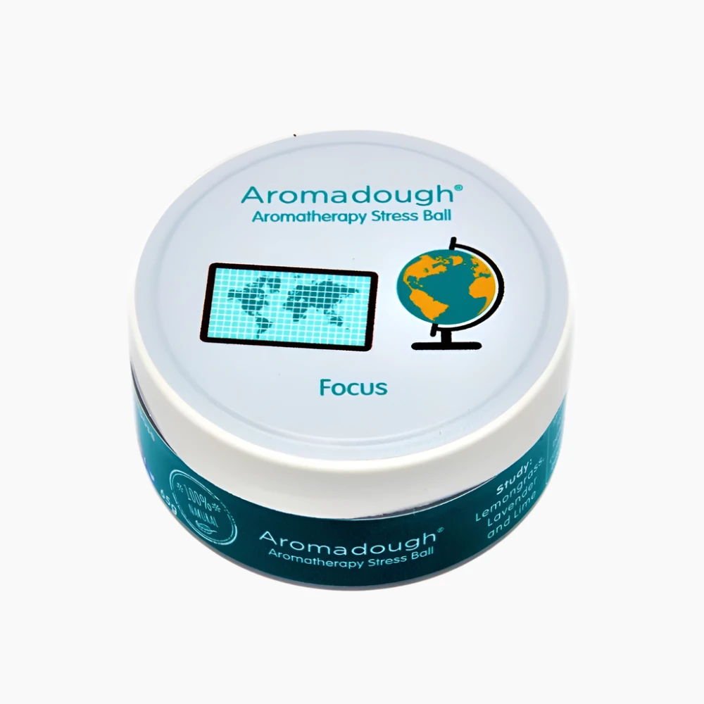 Aromadough Aromatherapy Stress Ball packaging with 'Focus' text and graphics on a white background